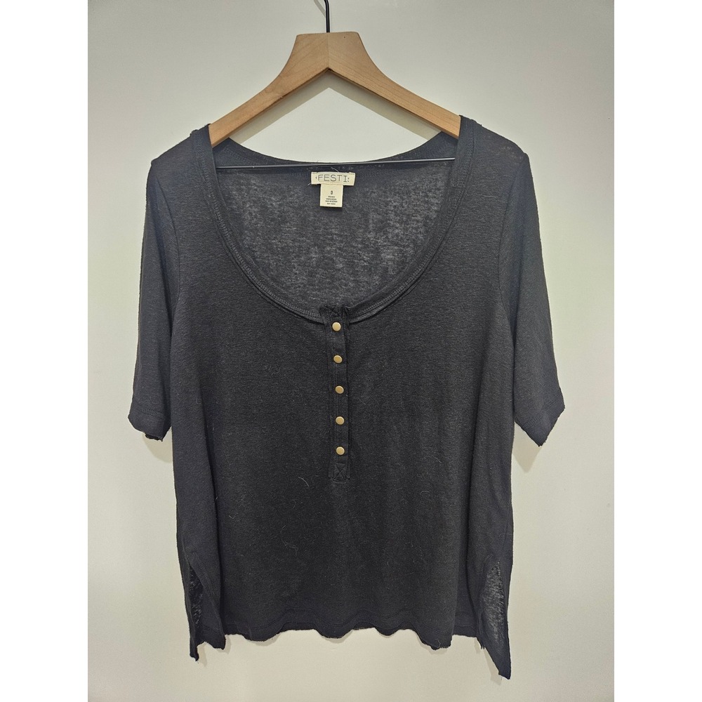 FESTI Black Linen Blend‎ Short Sleeve Henley Scoop Neck Top Size 0